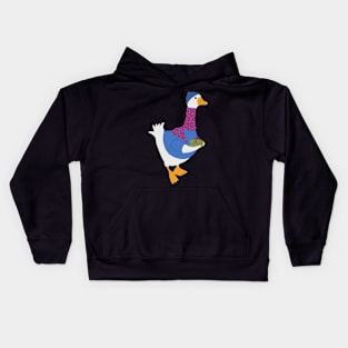 Cute goose wearing sweater scarf and Hat carrying Christmas gift Kids Hoodie